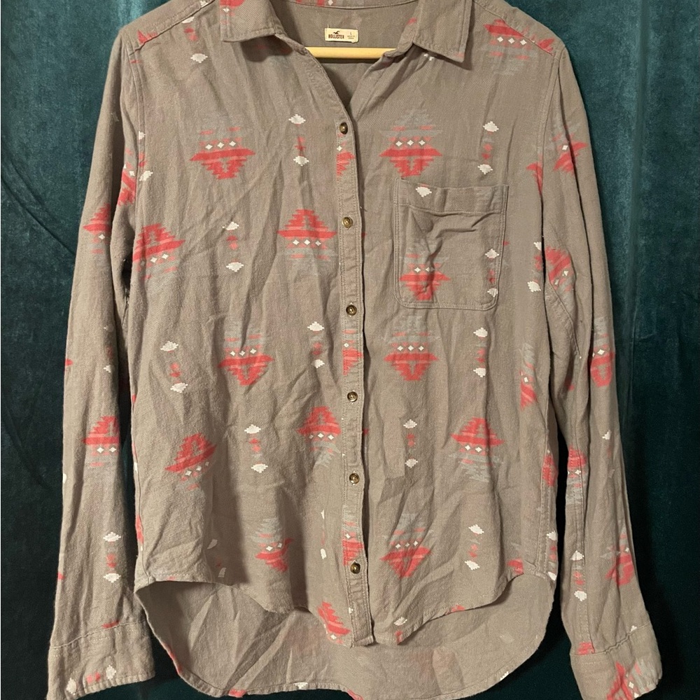 Hollister Gray and Pink Casual Button Down Shirt